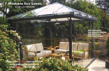 GLAS PAVILLON, INSEL DES GARTENS, Glaspavillon, Glas, Überdachung, Windschutz,
