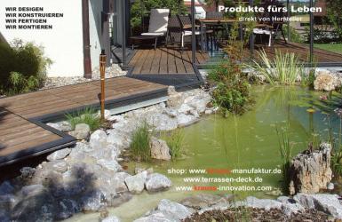 GARTENSTEGE, Terrassendeckverbindung, Seerosenteich, Bachlauf