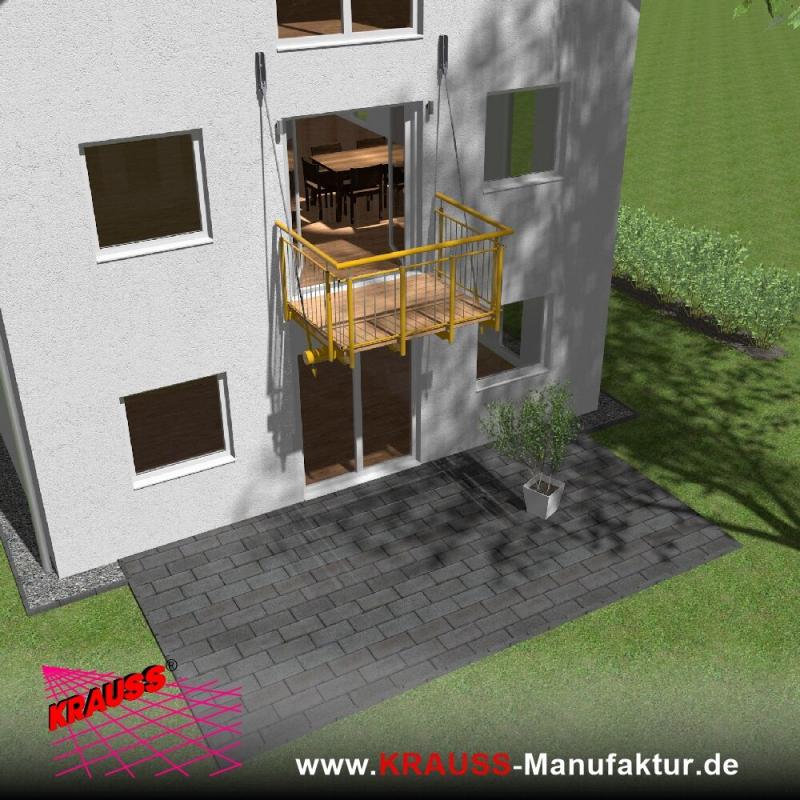 Hängebalkon mit Douglasienbelag, Staketen-Geländer 
