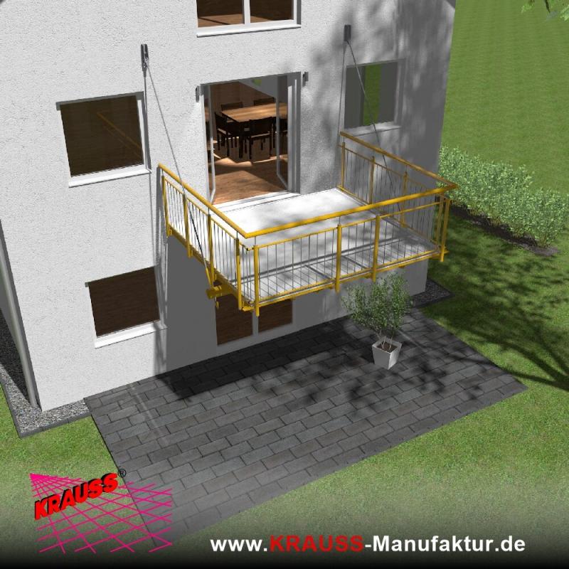 Hängebalkon mit Riffelblechboden, Staketen-Geländer 